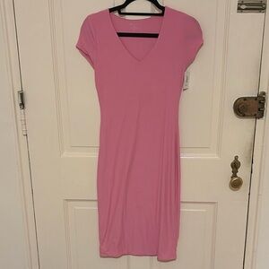 Pink V-Neck Short Sleeve Dress
